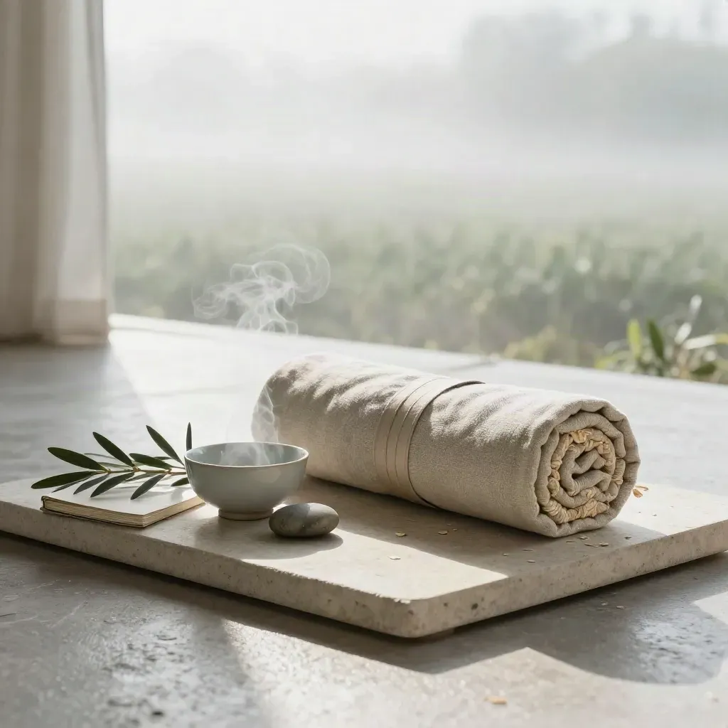 Meditation cushion, tea bowl, stone, journal and olive stems in dawn mist