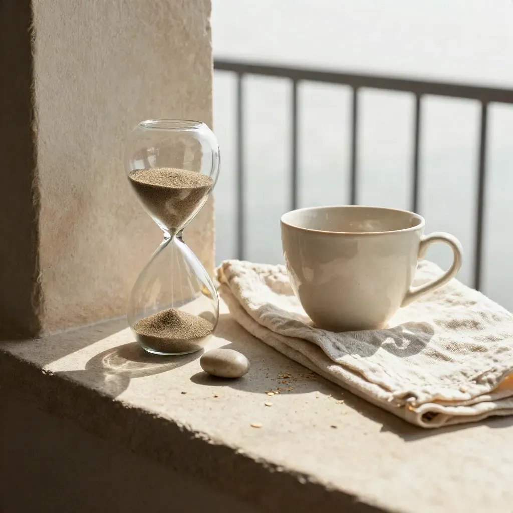 Balcony breath ritual with sand timer, pebble, linen cloth and ceramic cup in wind.