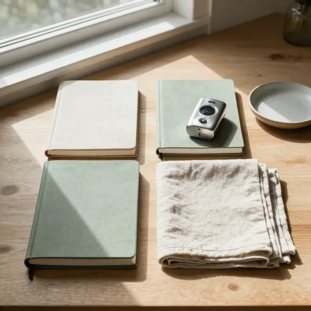 Journals, timer, linen and ceramic dish on a sunlit oak kitchen table