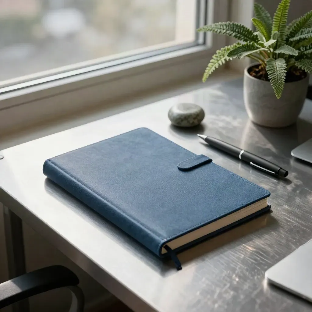 Notebook, pen, paperweight and fern on a sunlit office desk