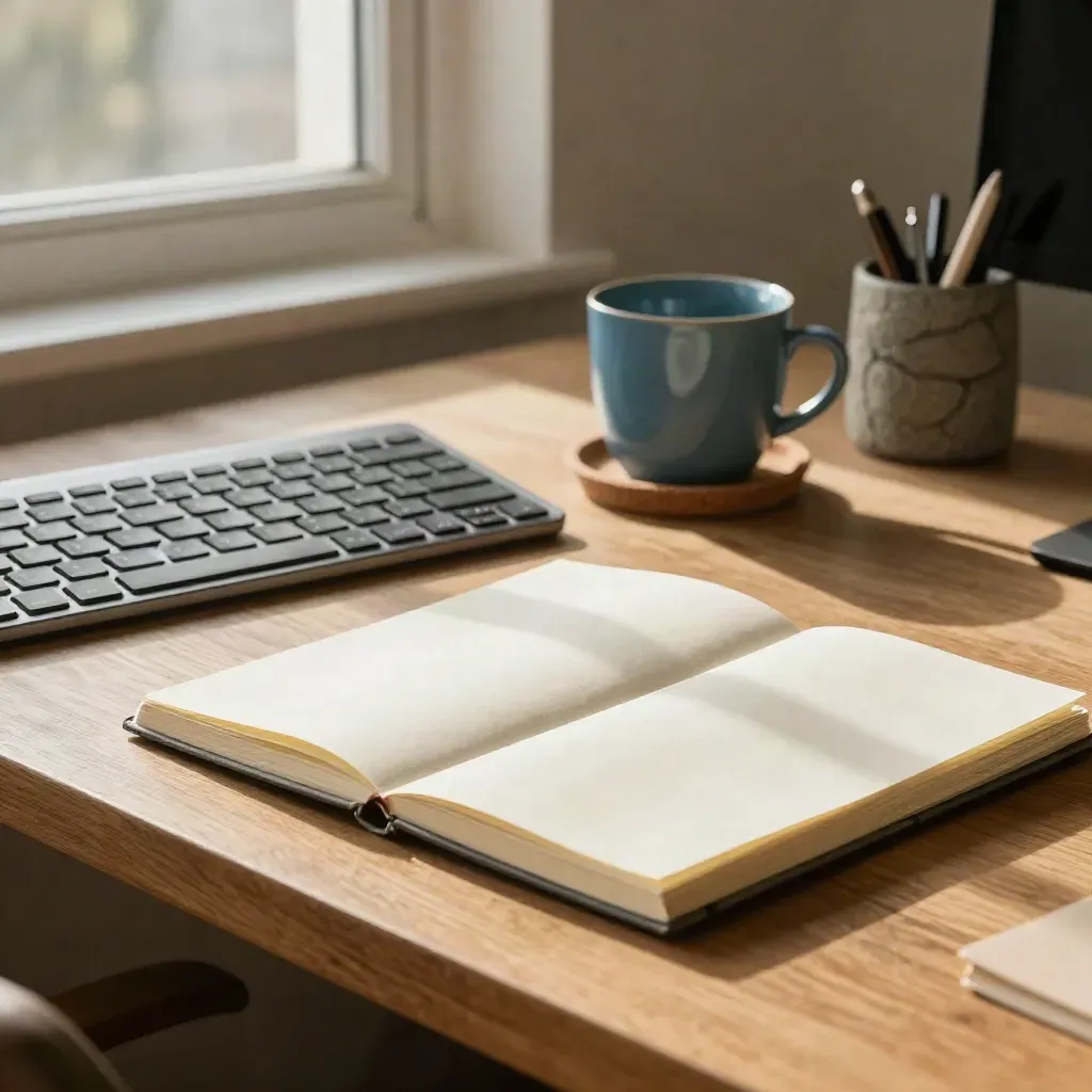 Blank notebook, keyboard, ceramic cup and pen holder on a sunlit work desk by a window.