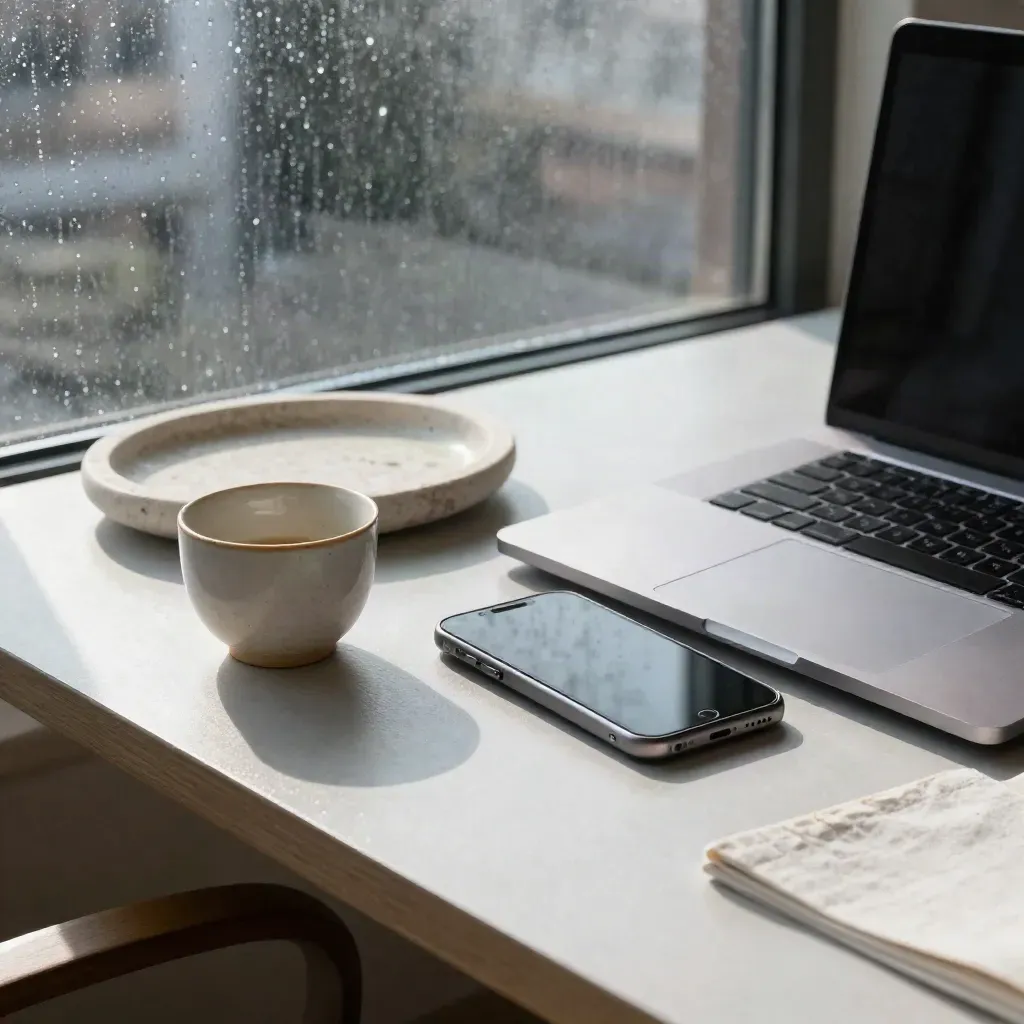 Rainy desk reset with closed laptop, phone, cup and stone ring tray by a window.
