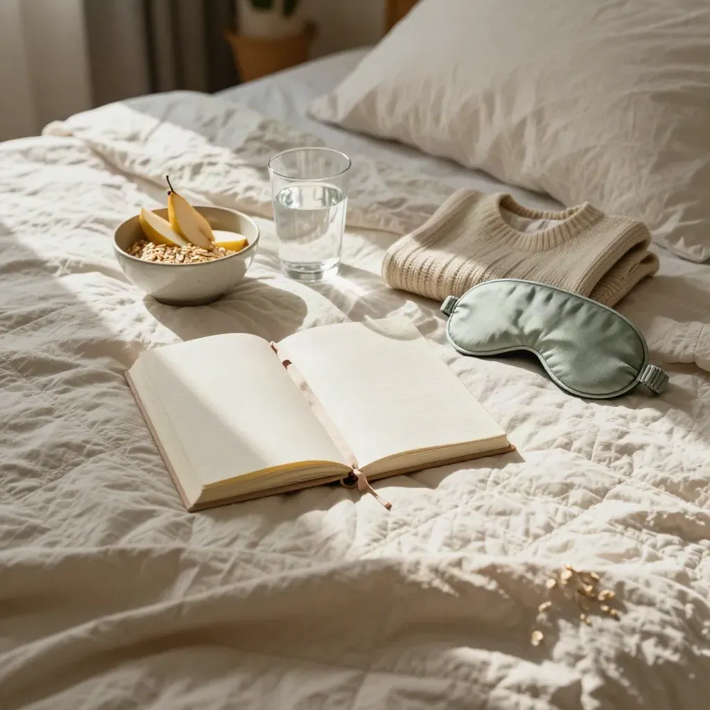 Overhead bedroom still life with planner, breakfast bowl, water, sweater and sleep mask on a bed