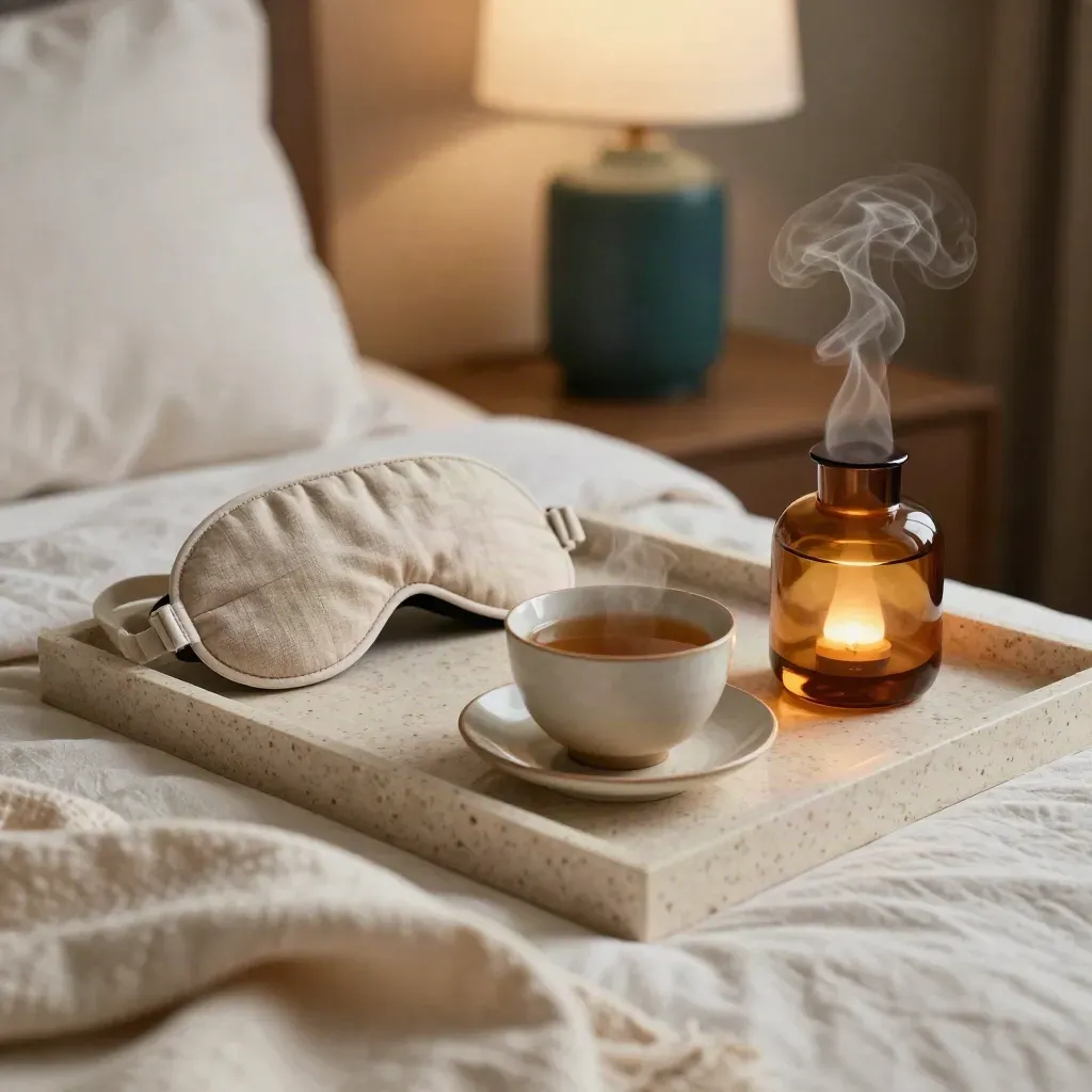Bedside tray with eye mask, herbal tea, diffuser, and folded throw beside a glowing lamp.