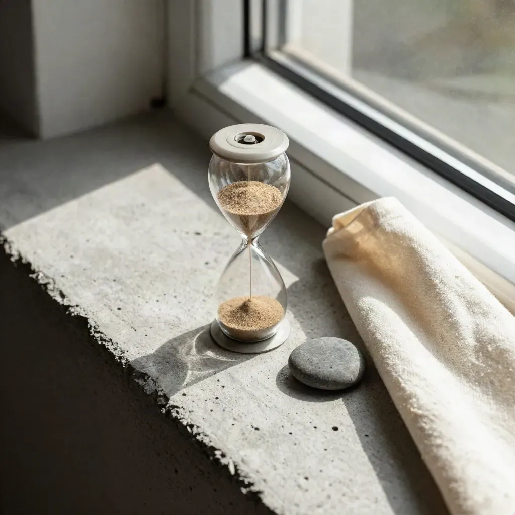 Macro of tipped sand timer, stone, and cream linen napkin on a concrete sill in window light.