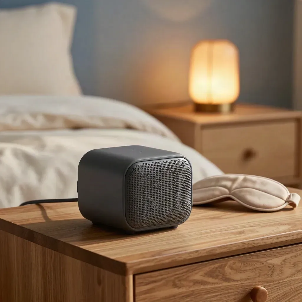 Bedside speaker and eye mask beside a glowing lamp on a pale nightstand
