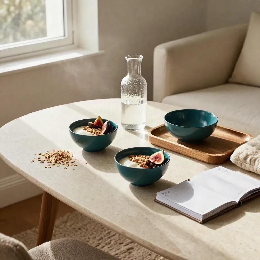 Breakfast bowls, throw, carafe, and closed planner by a bright window in a calm Sunday reset scene.