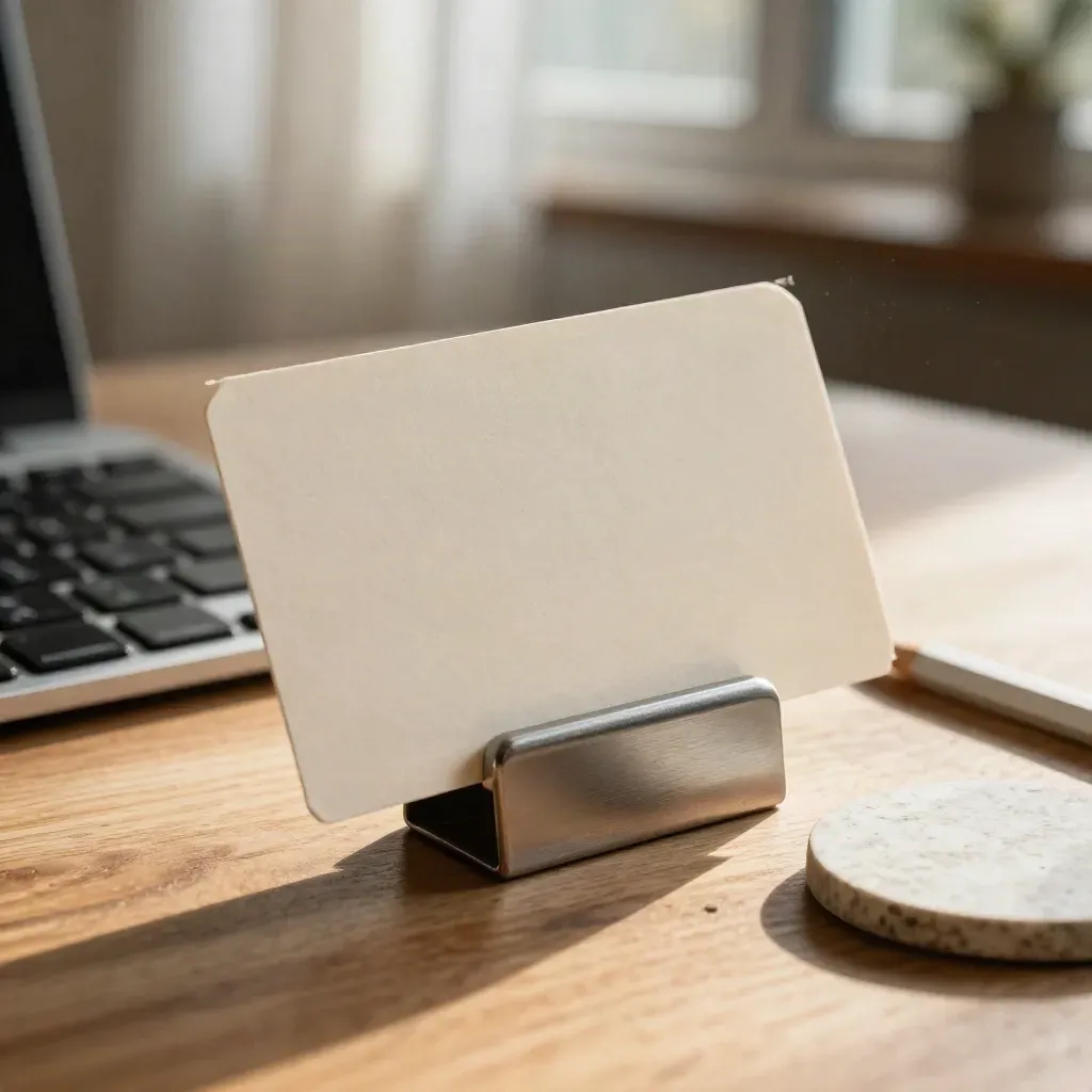 Cream breath card in holder beside keyboard, pencil and stone coaster on a sunlit desk.