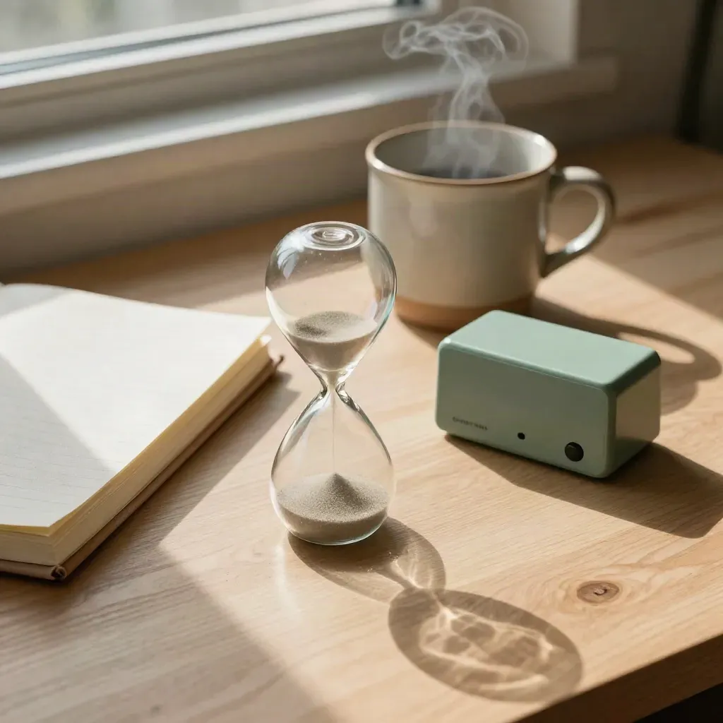 Overhead desk still life with hourglass, notebook, mug and timer in soft sun