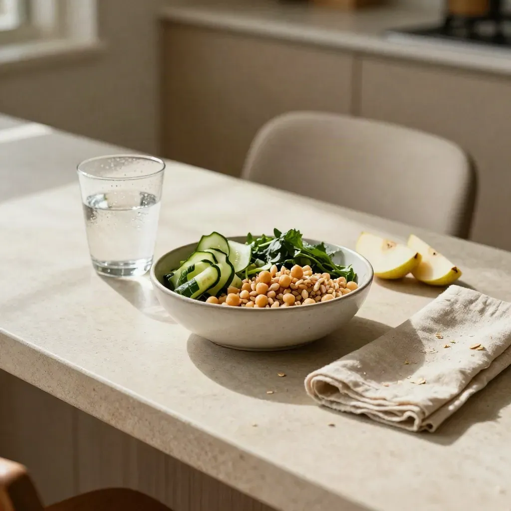 Lunch bowl, water glass, linen napkin and fruit on a sunlit counter with a blurred chair back.