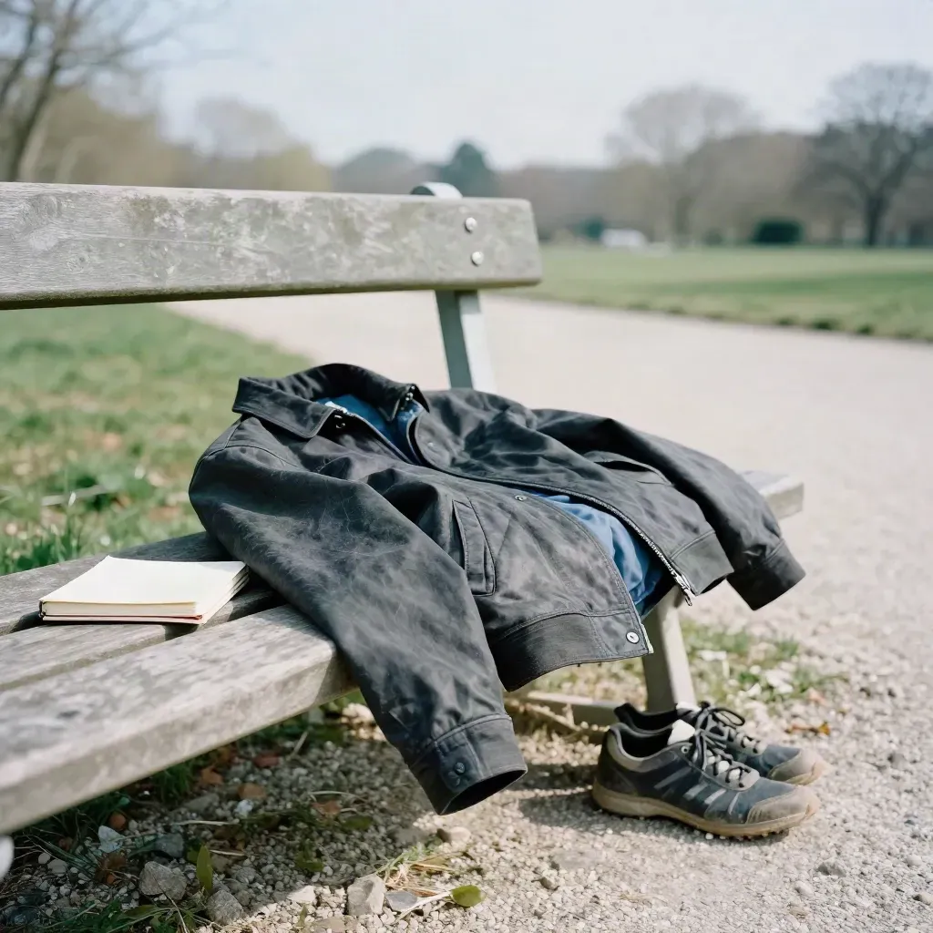 Jacket, worn sneakers, and closed notebook on a bench by a quiet path