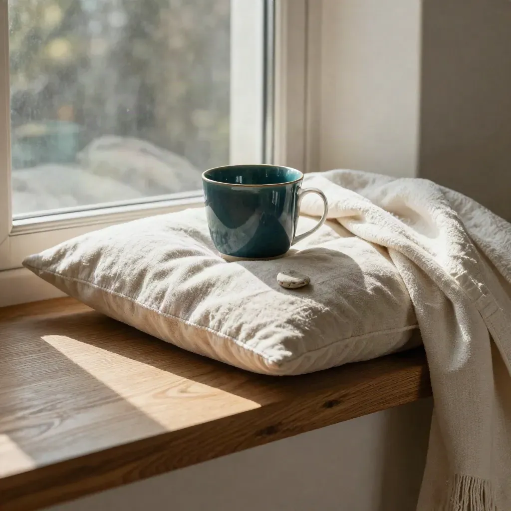 Window seat still life with teal cup, cushion, throw and heart stone in soft morning light.