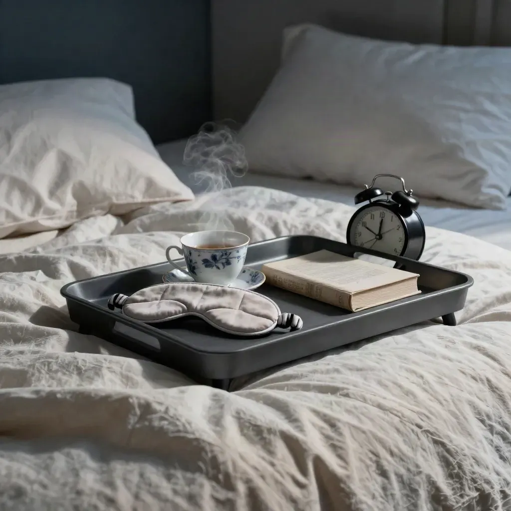 Tray with sleep essentials on rumpled bedding in soft moonlit bedroom