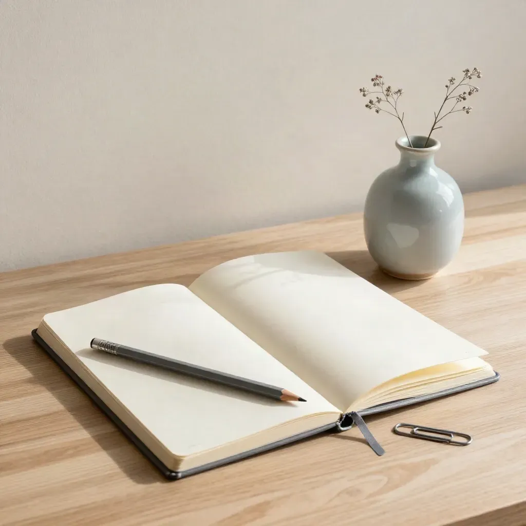 Open cream notebook with pencil, paperclip, and bud vase on a pale oak desk