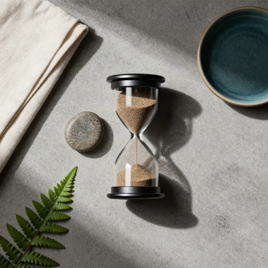Top-down flatlay with a sand timer, breathing stone, linen, fern, and teal ceramic dish.