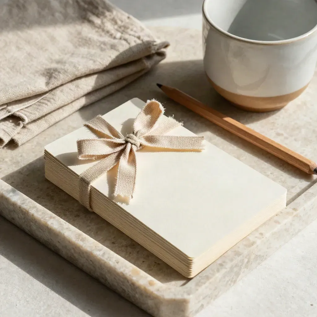Blank prompt cards tied with linen ribbon on a limestone tray with pencil and ceramic cup.