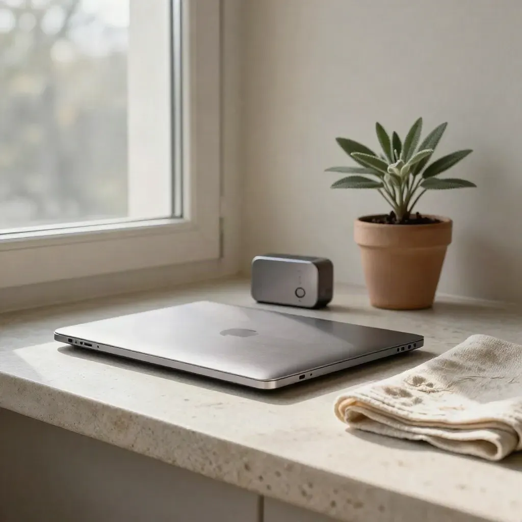 Closed laptop, timer, plant, and folded cloth on a sunlit windowsill.